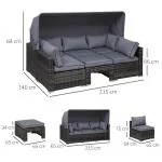 Loungeset Rotting Sittgrupp med Solskydd Trädgårdsloungegrupp Inkl. Kuddar och Sidobord Metall Grå 215 X 75 X 64 Cm